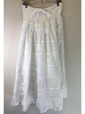 Advance Apparels White Embroidered Boho Maxi Skirt Smocked Waist & Drawstring